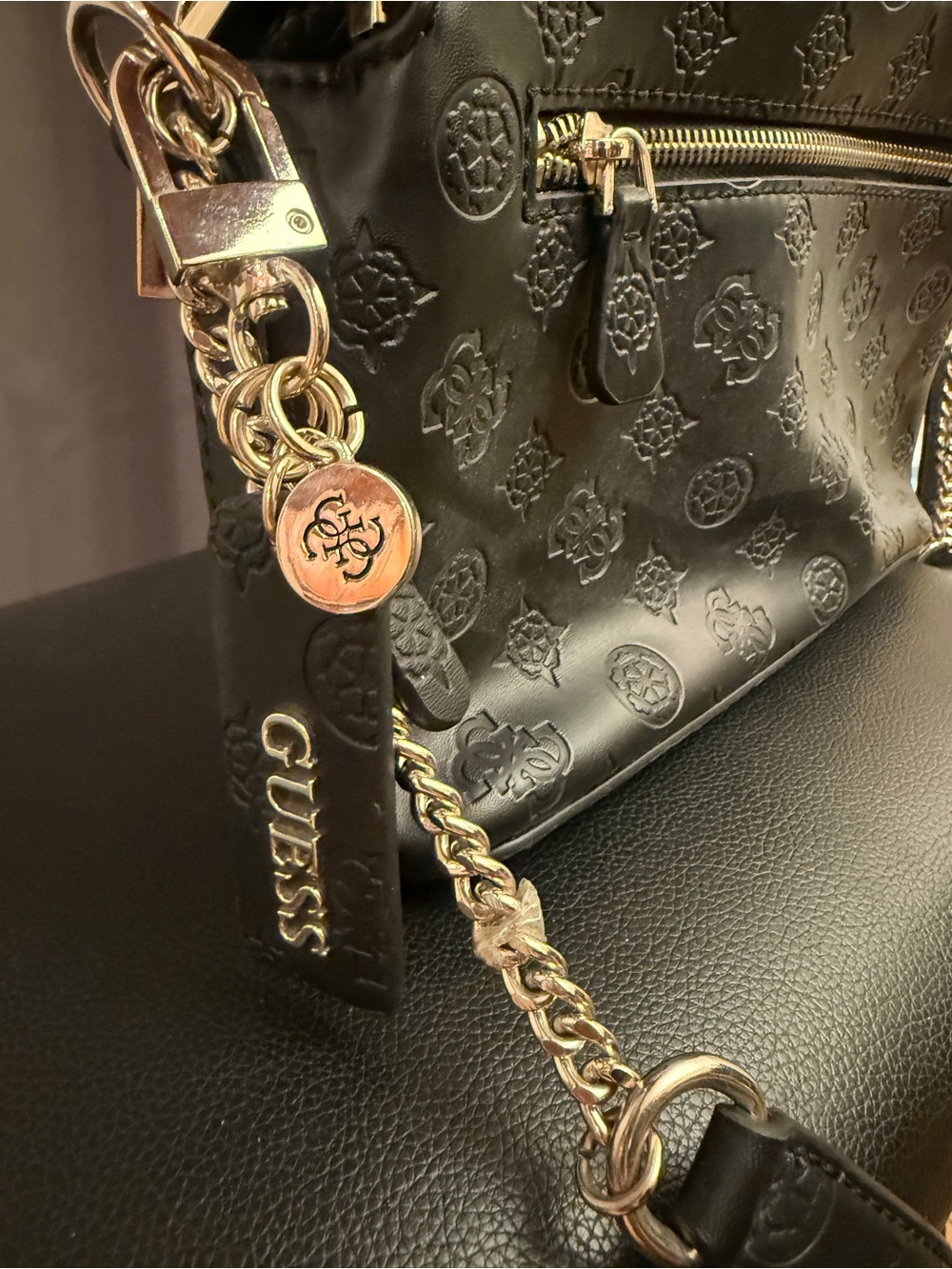 Guess Black Embossed Leather Crossbody Bag with Silvee Chain Strap